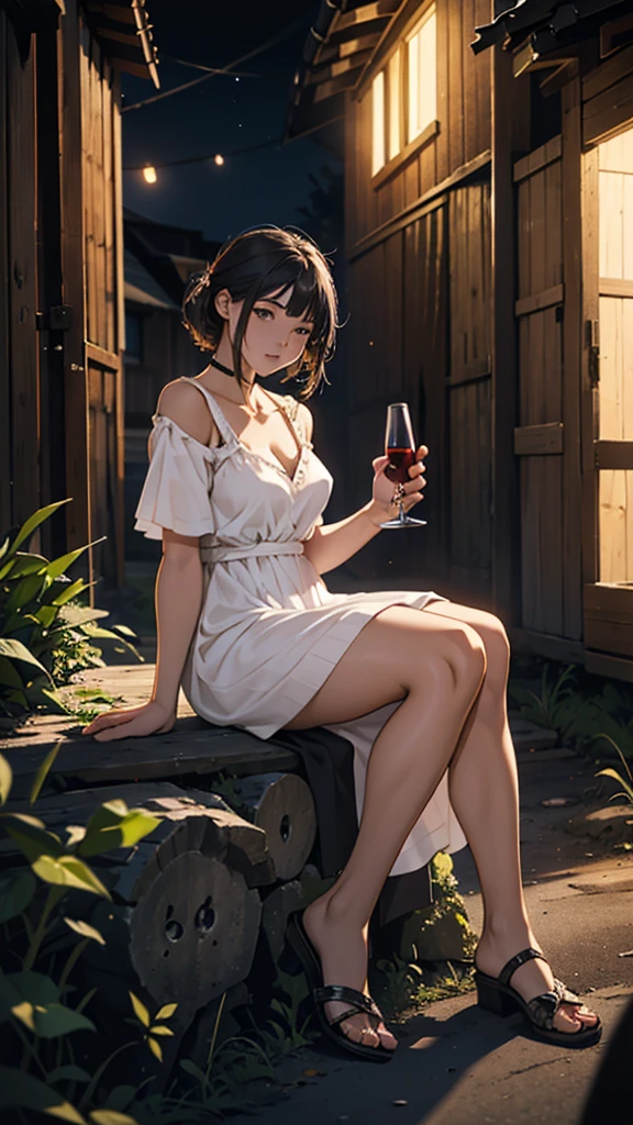 A young woman is sitting outside an old house on the mountain, she is wearing a short dress, her hips are big, there is a fire burning, there are bottles of wine, it is night.