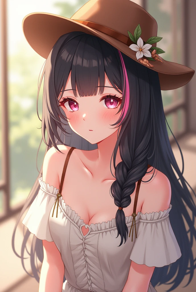 genshin impact game style, good quality, very aesthetic, proportional body, teenager, columbina /(:genshin impact:)/, long braided black low pigtails with pink streaks from the nape of the neck to the ends, white dress with spaghetti straps above the knees, country styled brown cowboy boots, country styled brown cowboy hat, pale skin, closed eyes, little smile, very small breasts, blurred background