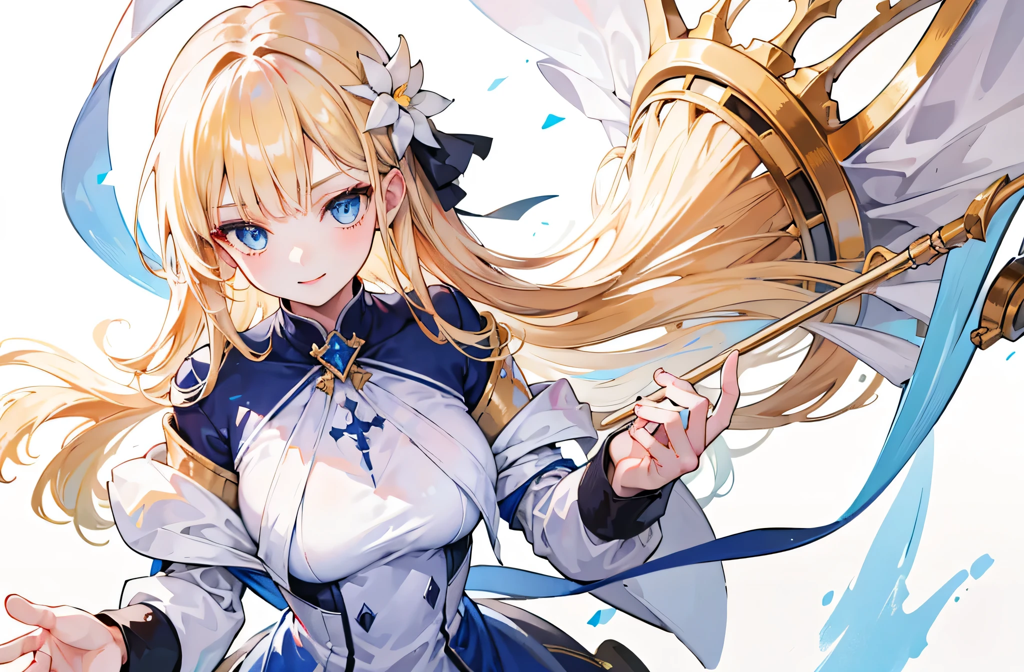 (Standing painting: 1.2) + (1girl:1.5)+ golden hair + princess cut + white non clothes + detailed eyes and nose + deep blue eyes + white nun uniform + domineering, masterpiece, best quality,evil smile,holy,adult,upper body,dynamic angle,dynamic pose,