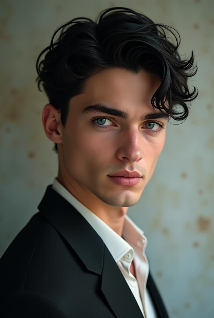 Handsome young man, blue eyes, slightly curly black hair
