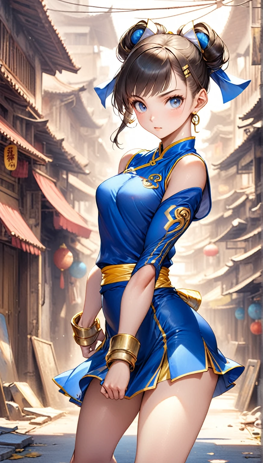 (Highest quality,8k,32K,masterpiece,Ultra-high resolution :1.2 ),born,One girl,Super cute,Natural light,Clear, shining eyes,20-year-old,Fair skin,A fantasy background of an abandoned Chinese town in an electronic world,Street Fighter Chun-Li&#39;s hairstyle,chun li hairstyle,Chun-Li&#39;s Outfit,Chun-Li&#39;s Outfit,Large Breasts,Kicking pose,Kicking,Good at footwork,