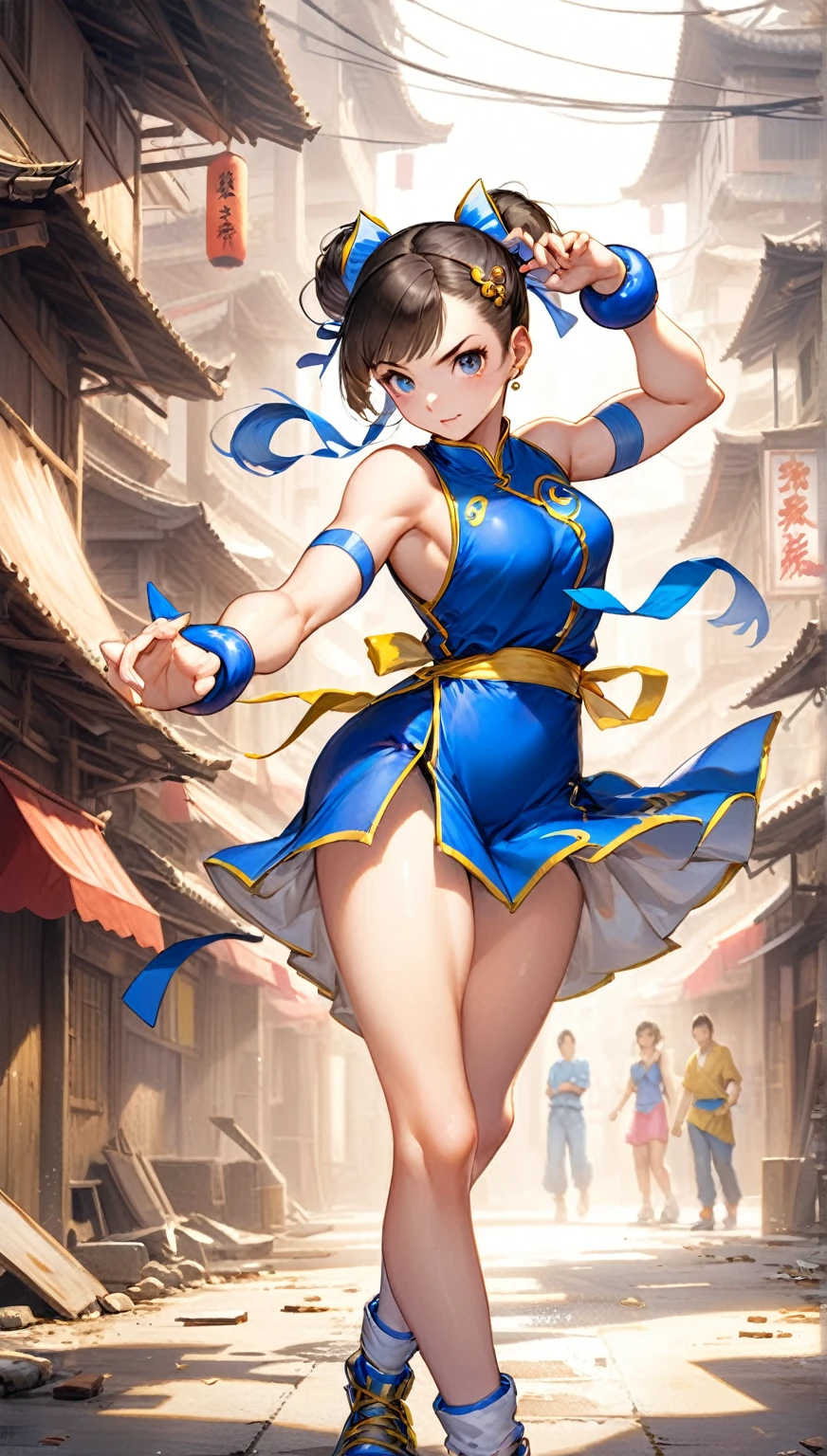(Highest quality,8k,32K,masterpiece,Ultra-high resolution :1.2 ),born,One girl,Super cute,Natural light,Clear, shining eyes,20-year-old,Fair skin,A fantasy background of an abandoned Chinese town in an electronic world,Street Fighter Chun-Li's hairstyle,chun li hairstyle,Chun-Li's Outfit,Chun-Li's Outfit,Large Breasts,Kicking pose,Kicking,Good at footwork,