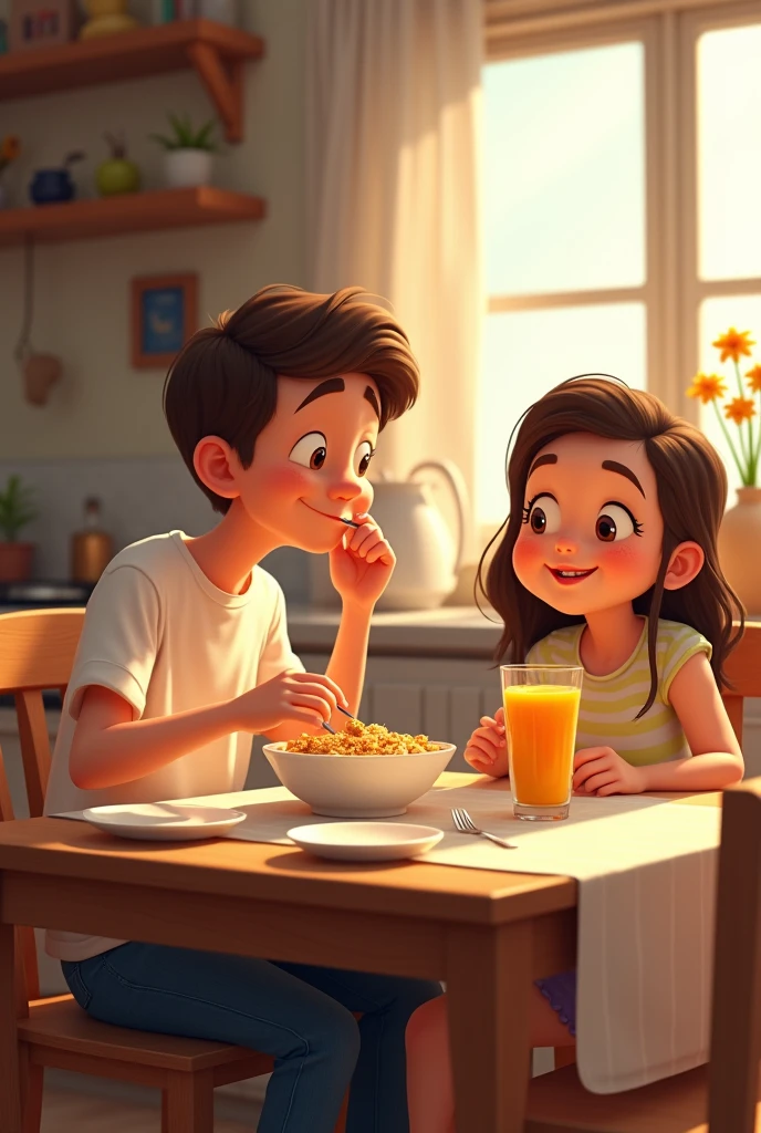 Tim is eating breakfast. He is sitting at the kitchen table with his family. He is enjoying a bowl of cereal and some fresh orange juice. His little sister is talking about her plans for the day.