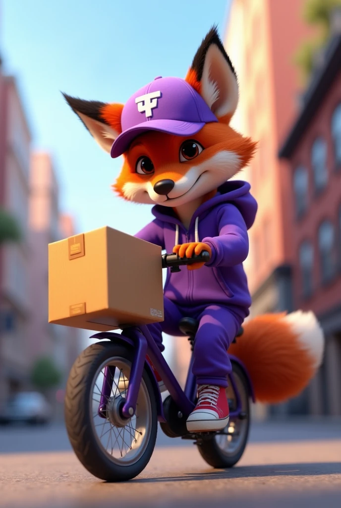 A disney pixar 4d style fox on top of a delivery bike wearing a purple delivery tracksuit and looking stylish holding a delivery box and wearing a delivery cap 