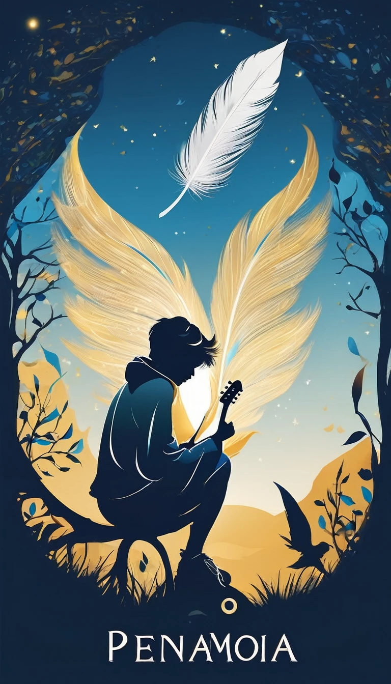 Create a cinematic, abstract symbol for a storytelling production brand based on stories and dreams called " Penamemoria". The logo should convey a fantasy theme and include the company of a boy and a feather. Fantastic, memorable, poetic, dreamy, sitting against a tree and playing guitar to a fantastic, unique, poetic white-blue-golden feather.