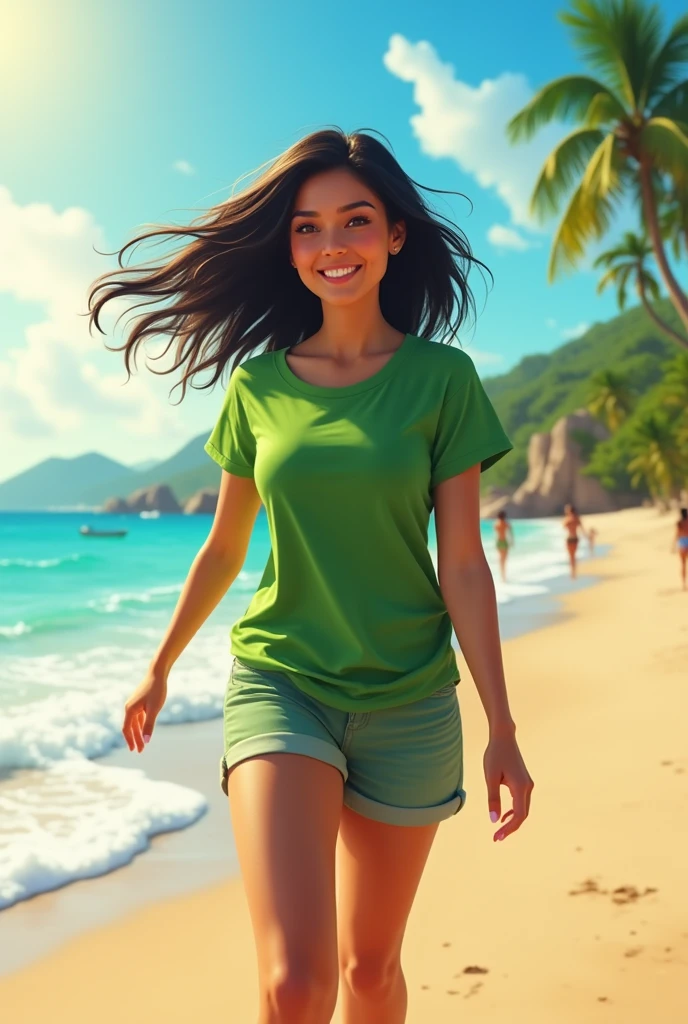 A Brazilian woman, 30 years old white, Bblack hair, walking on the beach, wearing a green t-shirt and shots, showing extroverted personality.