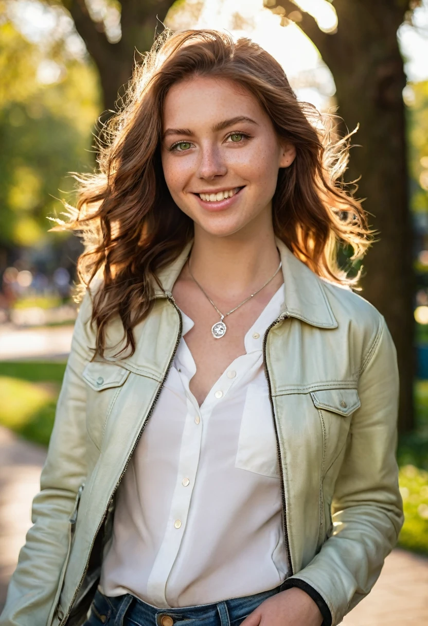 A beautiful 24-year-old woman with medium-length, wavy chestnut brown hair and deep green eyes. She is strolling through a vibrant city park at golden hour, wearing fitted jeans, a white blouse, and a light leather jacket. Her fair complexion is highlighted by light freckles, and she wears a simple silver necklace with a small pendant. The warm sunlight catches her hair, giving her a radiant and confident look as she smiles softly, with trees and flowers in the background.