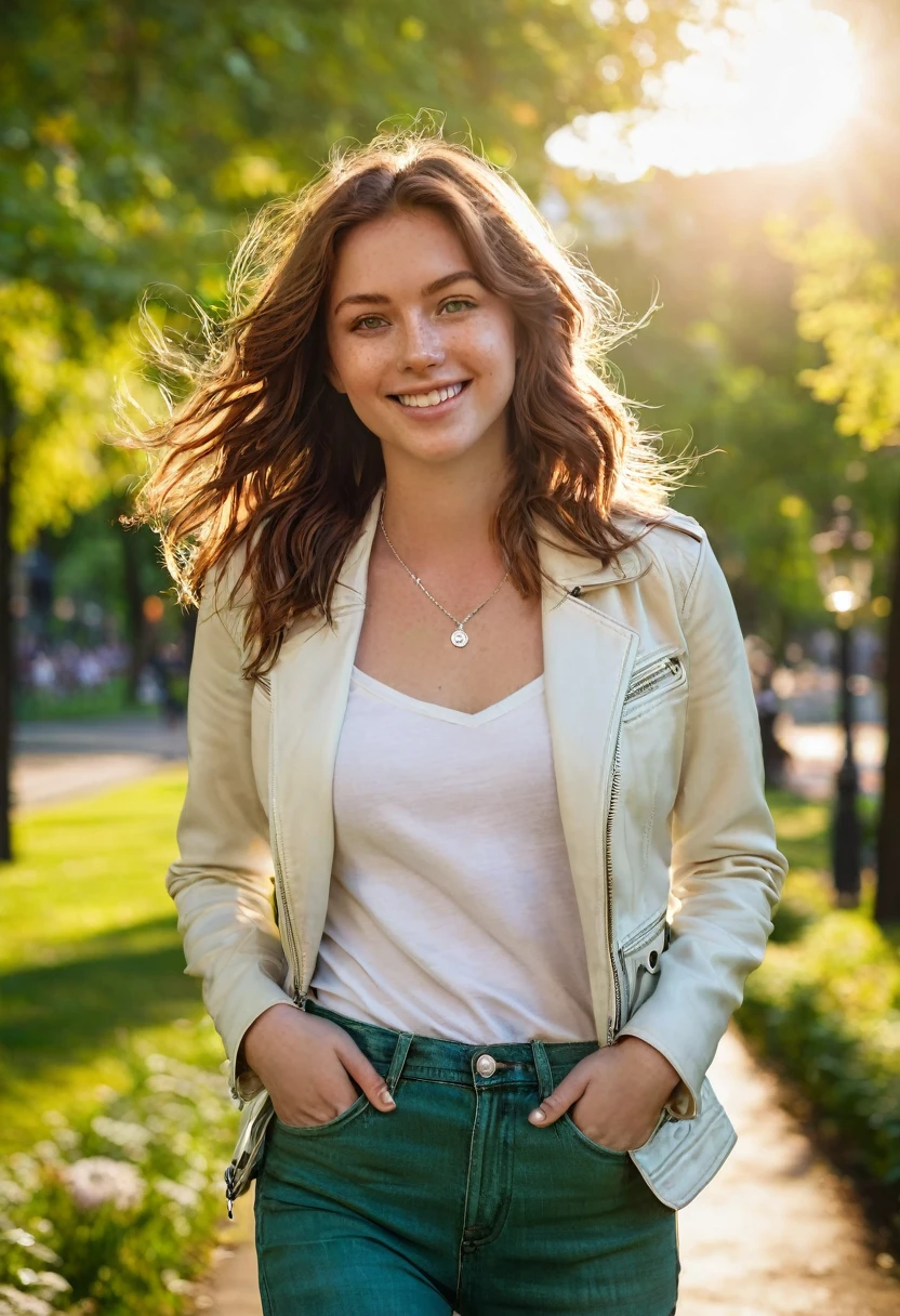 A beautiful 24-year-old woman with medium-length, wavy chestnut brown hair and deep green eyes. She is strolling through a vibrant city park at golden hour, wearing fitted jeans, a white blouse, and a light leather jacket. Her fair complexion is highlighted by light freckles, and she wears a simple silver necklace with a small pendant. The warm sunlight catches her hair, giving her a radiant and confident look as she smiles softly, with trees and flowers in the background.