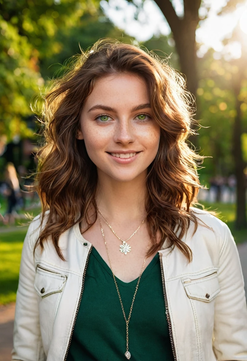 A beautiful 24-year-old woman with medium-length, wavy chestnut brown hair and deep green eyes. She is strolling through a vibrant city park at golden hour, wearing fitted jeans, a white blouse, and a light leather jacket. Her fair complexion is highlighted by light freckles, and she wears a simple silver necklace with a small pendant. The warm sunlight catches her hair, giving her a radiant and confident look as she smiles softly, with trees and flowers in the background.