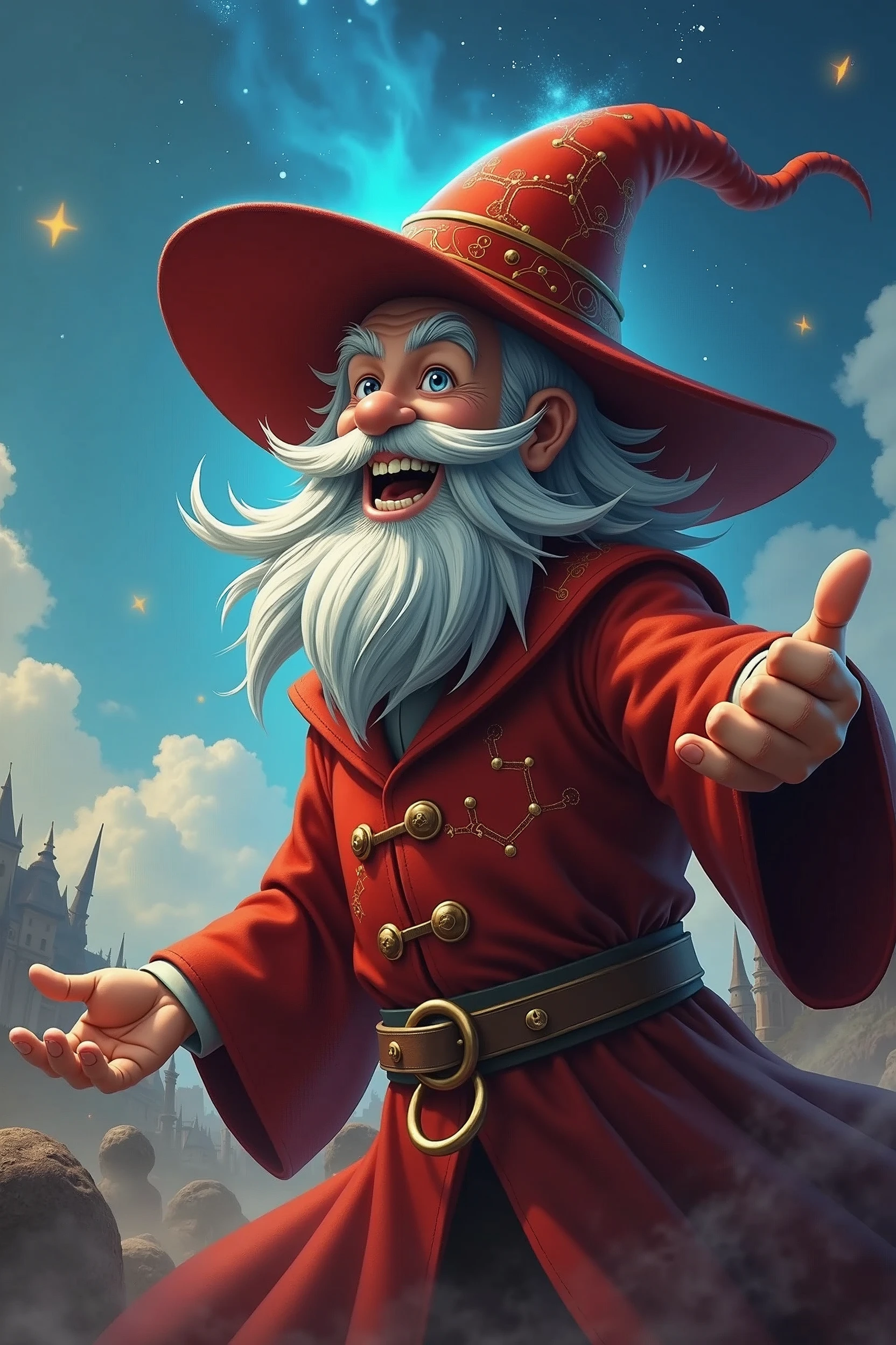 highest quality, 8k, hdr, (head to toe:1.4), Anime, Wizard, happy crazed look on his face, casting grand magic over the battlefield, fighting skeleton monsters with magic, grey beard, pointy wizard hat, red robes with lines depicting constellations on them, wide view from 100 meters away
