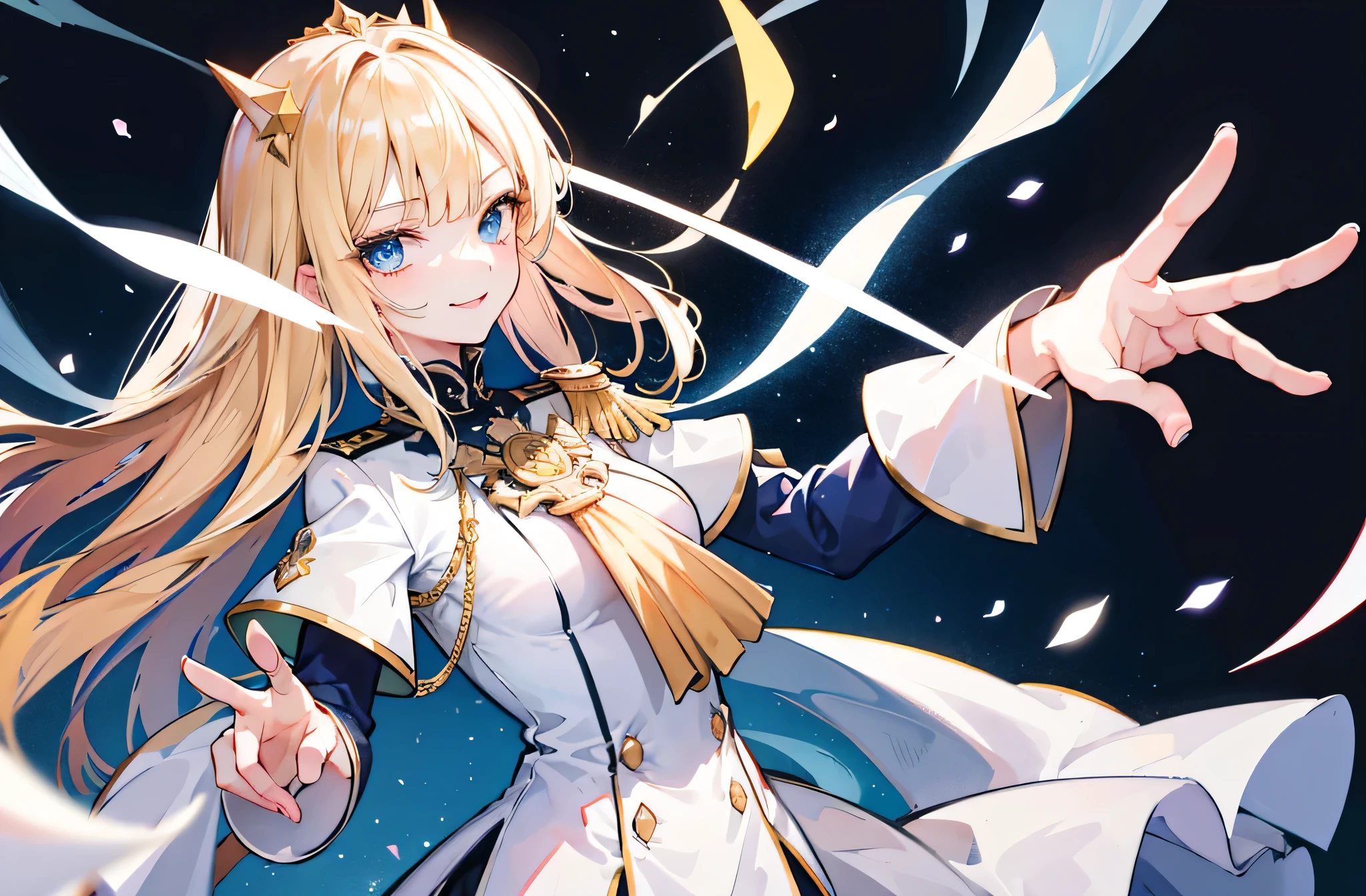 (Standing painting: 1.2) + (1girl:1.5)+ golden hair + princess cut + white knight uniform + detailed eyes and nose + deep blue eyes +  white battle uniform + domineering, masterpiece, best quality,evil smile,holy,adult,upper body,dynamic angle,dynamic pose,