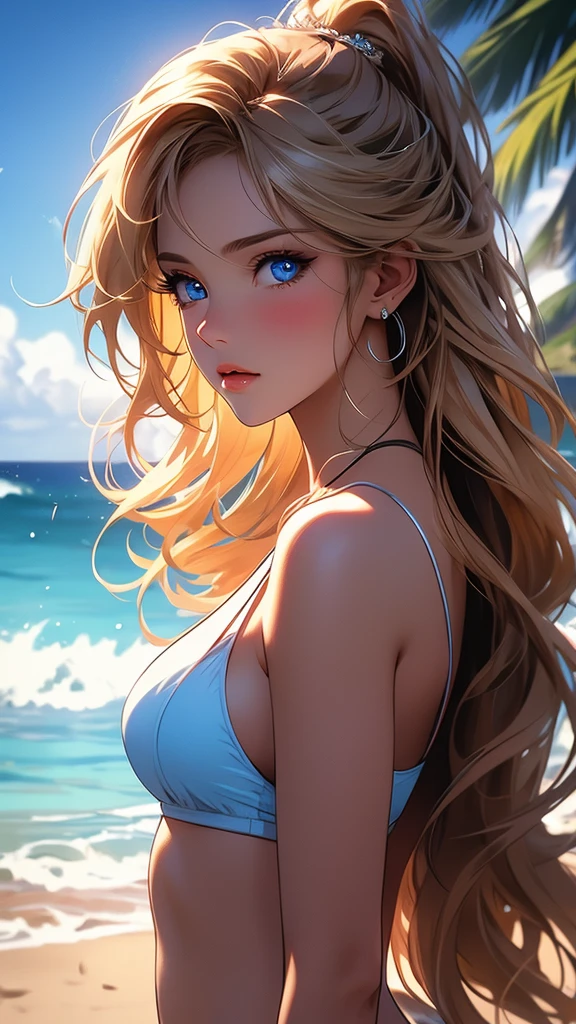 a beautiful woman in a white bikini standing on a beach, looking directly at the viewer, with long blonde hair blowing in the wind, blue eyes, and a slight blush on her cheeks, surrounded by palm trees, a cloudy blue sky, and waves crashing against the shore, masterpiece, photorealistic, ultra-detailed, hyper-realistic, 8k, cinematic lighting, vibrant colors, dramatic composition, (Perfect details:1.1), (Beautiful and clear background:1.2), (Extremely detailed CG, Ultra detailed, best shadow:1.1), (Finely detailed beautiful eyes)