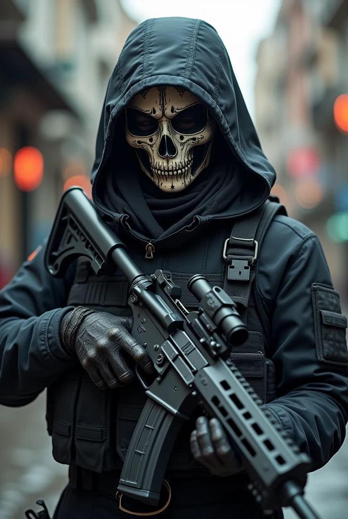 A female BOPE soldier wearing a skull mask covering her entire face holding a gun 