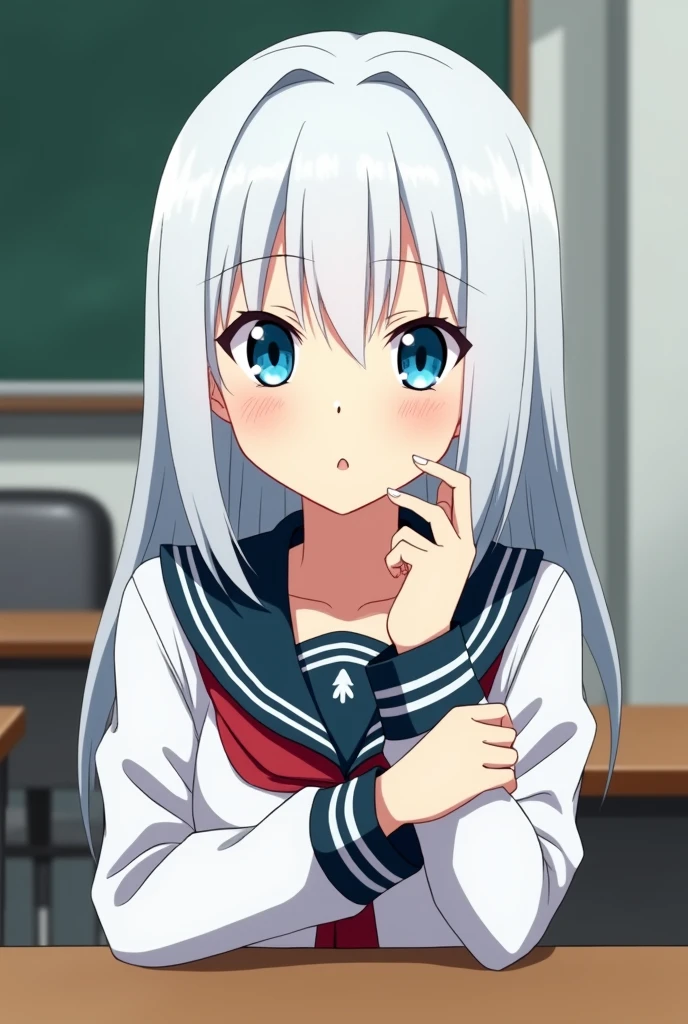 Screenshot of my hero academia.
Girl with white straight hair that reaches her shoulders. Her eyes are fluorescent blue and she has the UA uniform and is sitting at a table with the background of a UA school class.