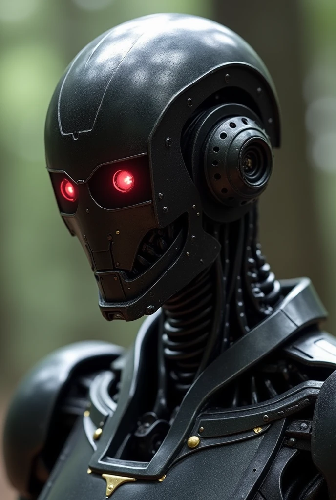 Make A Black Robot With Black Armor With Red Eyes And Smiling