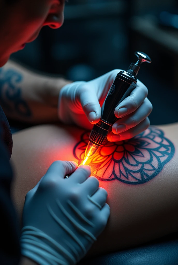 A tattoo session, that only the hands are visible and that the cartridge stands out for 3D tattooing