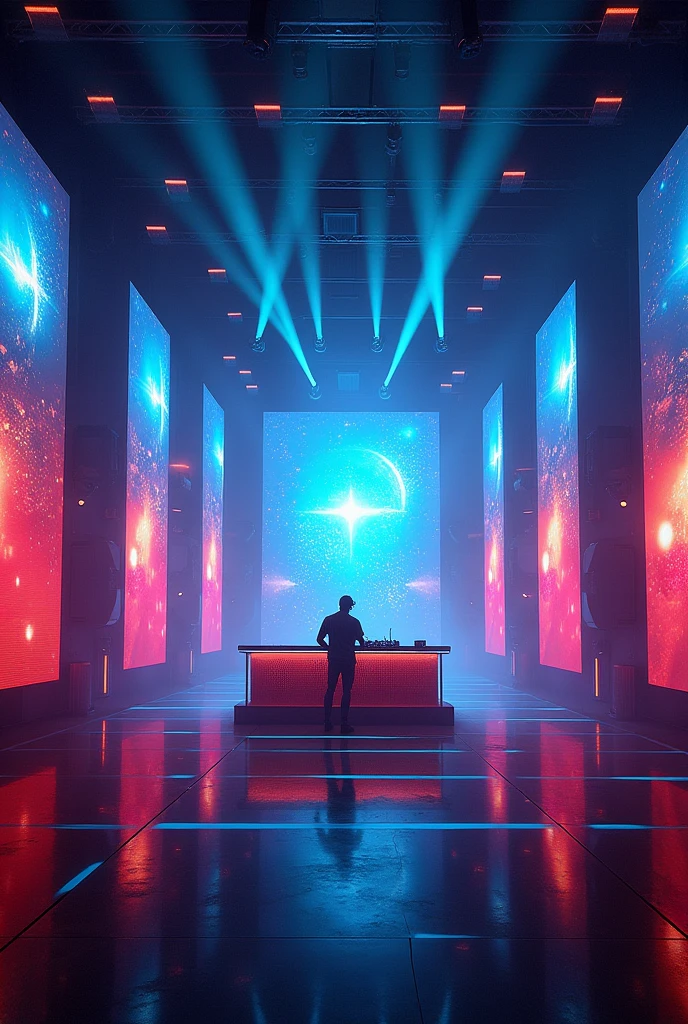 DJ set design in booth with screens and lights