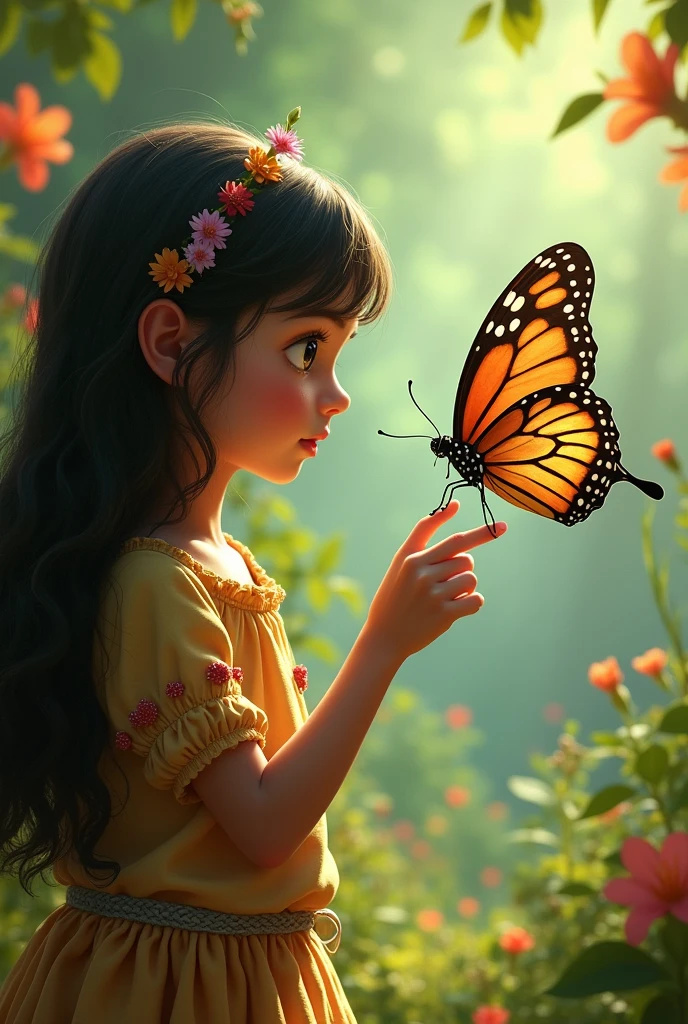 Create an image of a butterfly talking to a girl with black hair and dark skin