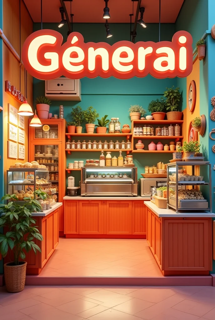 A cafeteria called Générai style happy cafes By putting the name "gabeteria" in big letters With super happy colors and lots of coffee everywhere