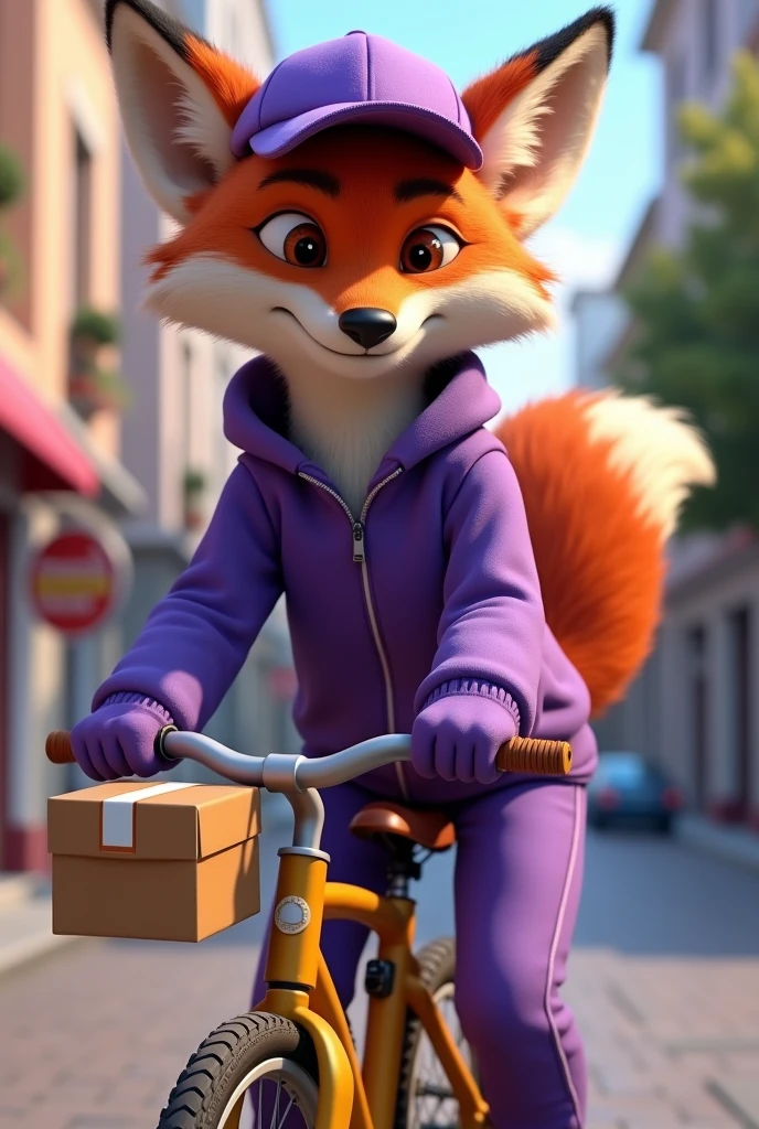 A disney pixar 4d style fox on top of a delivery bike wearing a purple delivery tracksuit and looking stylish holding a delivery box and wearing a delivery cap