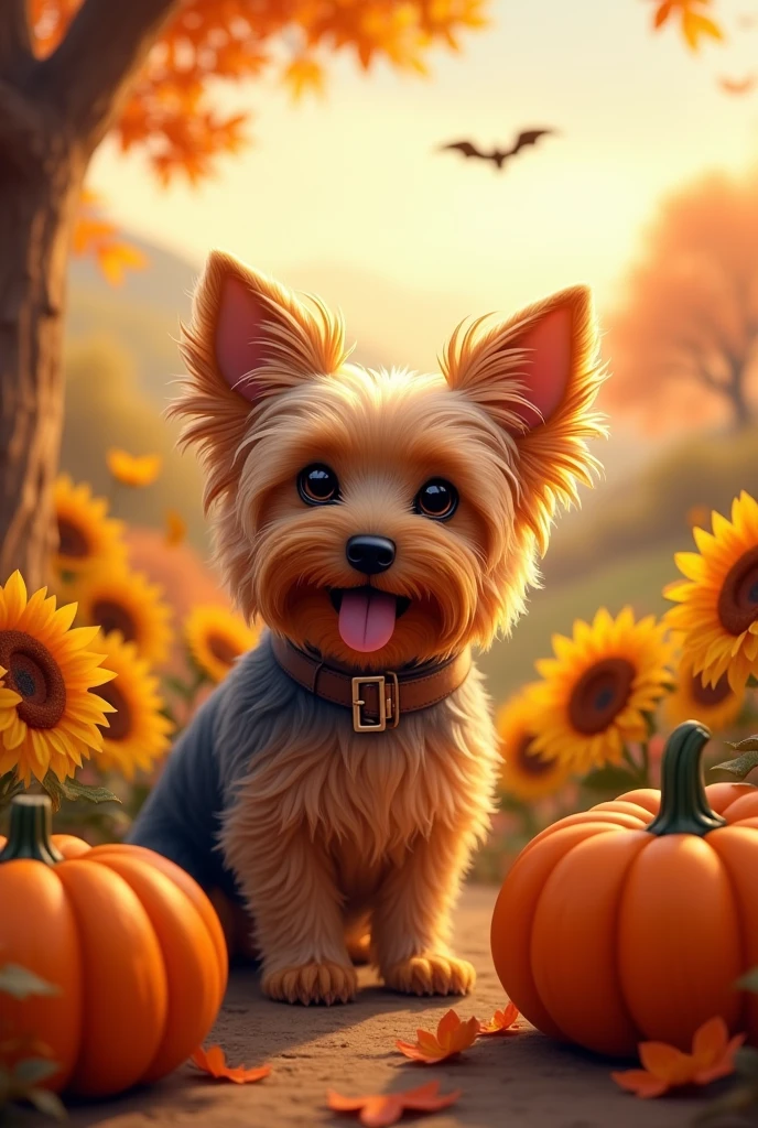 Yorkshire terrier, sunflowers, autumn, helloween, Pumpkins, name Tailor