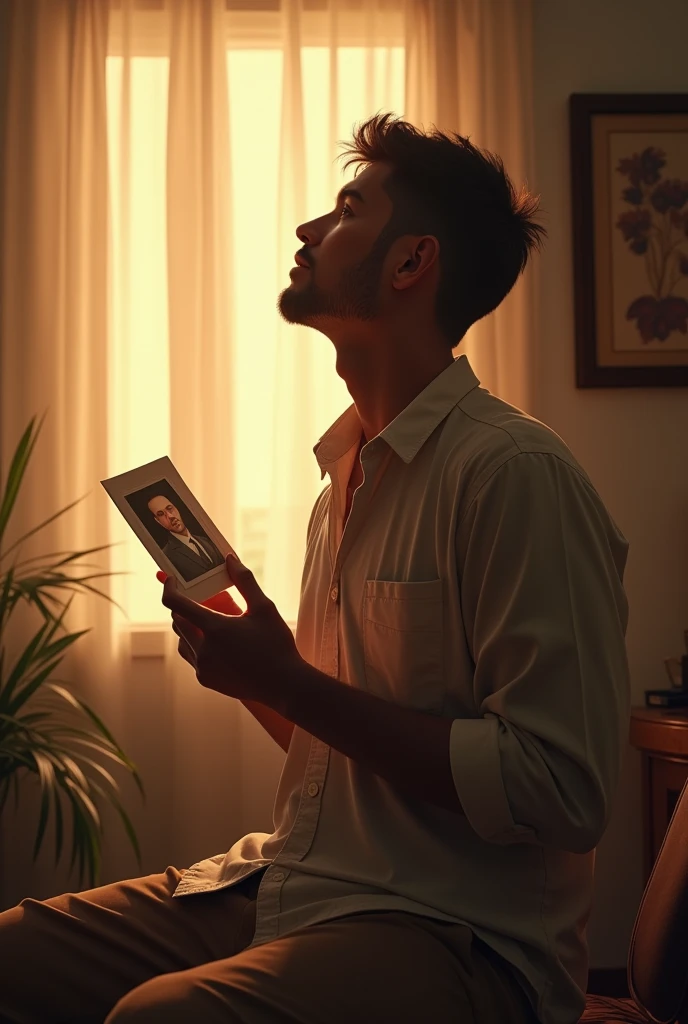 (realisitic)(supreme quality 4k image)(ultra realisitic)(work of art)(fot)
Um dia dos Babas especial, but with a touch of longing. The image should portray a calm and nostalgic scene, with a subtle masculine figure, representando um Baba que já partiu, enveloped in a soft, comforting light, as if always present in spirit. Em primeiro plano, a young adult, reflecting serenity and longing, maybe looking at the sky or holding an old photo, representando o quanto sente falta de seu Baba, especially since the age of 19. The young man's expression must convey a mixture of love and melancholy, with text next to it that says: "love you, Baba. I miss you every day."