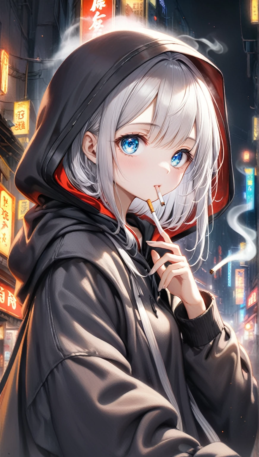 (Highest quality,8k,32K,masterpiece,Ultra-high resolution :1.2 ),born,One girl,Super cute,Natural light,Clear, shining eyes,20-year-old,Fair skin,Fantasy background of a desolate night global electronic world,Silver Hair,Wearing a hood,Smoking a cigarette,Stuffy look,Smoke is coming out of the cigarette,I'm busy,Yankee sitting,????。