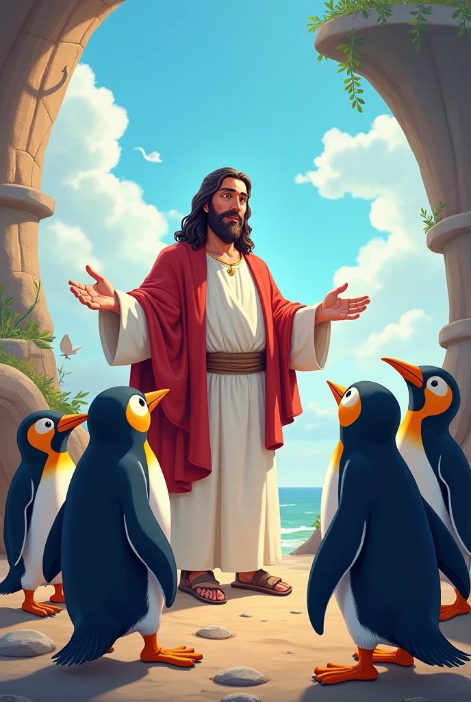 Jusus and the penguins cartoon image