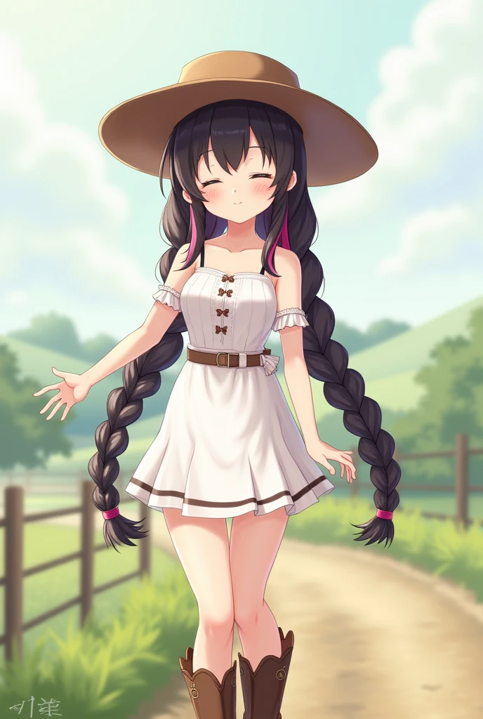 genshin impact game style, good quality, very aesthetic, proportional body, teenager, columbina /(:genshin impact:)/, long braided black low pigtails with pink streaks from the nape of the neck to the ends, white dress with spaghetti straps above the knees, country styled brown cowboy boots, country styled brown cowboy hat, pale skin, closed eyes, little smile, very small breasts, blurred background, countryside outfit