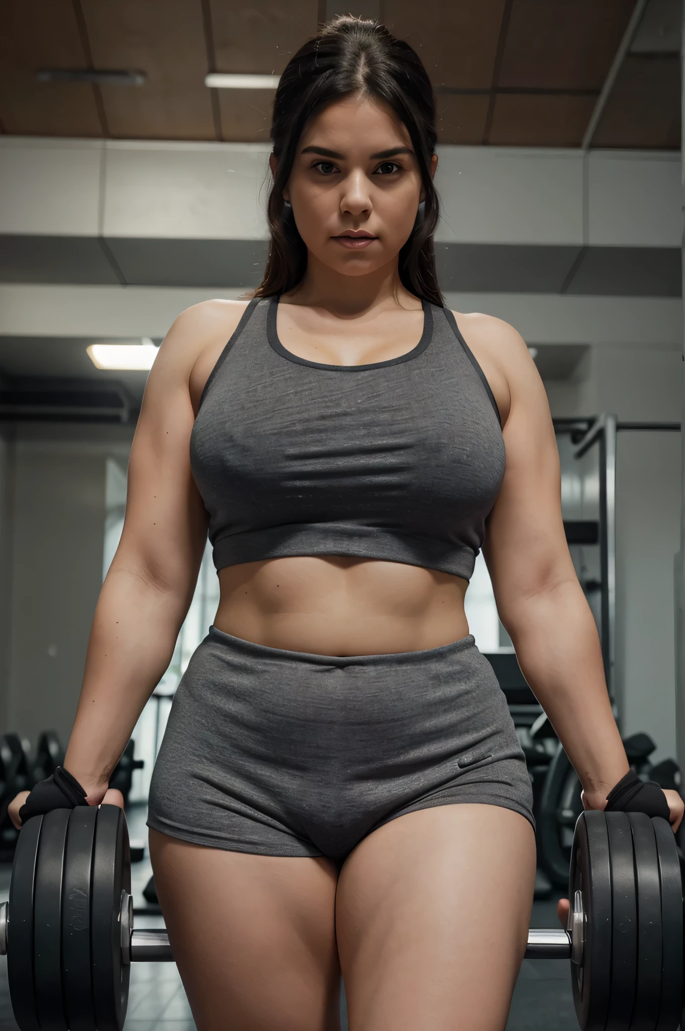 create a detailed ultra realistic 4K image of a woman, a little overweight, in a gray gym top, expression of determination on her face, big black eyes, very brave dark straight hair, background inside a gym lifting two dumbbells, with both arms looking forward