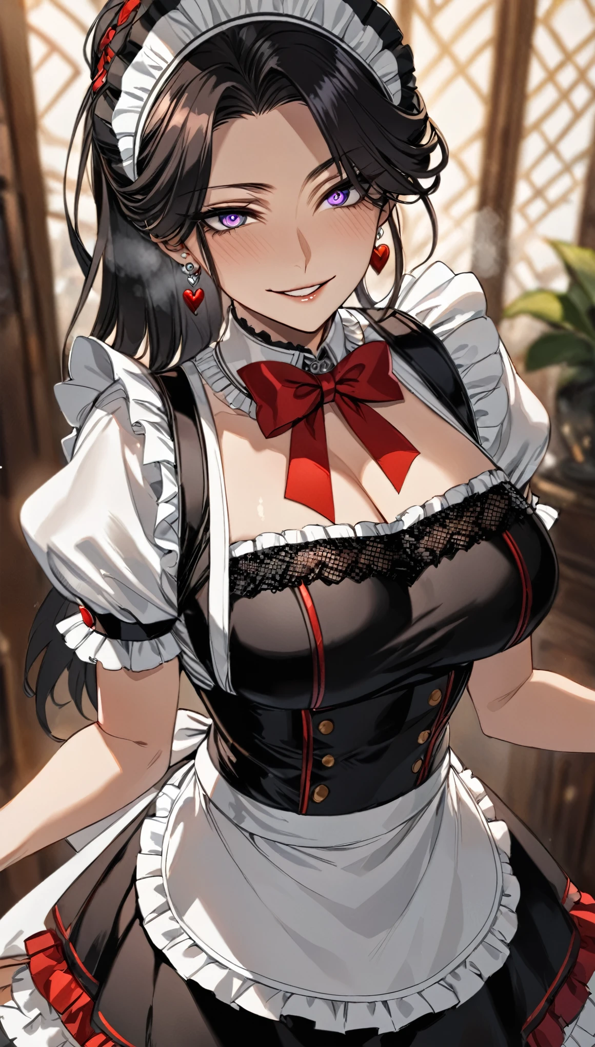 "4k, masterpiece, best quality, (detailed face and eyes_1.4), (Irisviel Von Einzbern), (Fate/Zero), detailed skin, cowboy shot, detailed, 1girl, 27 years old, mature body, big breasts, solo, black hair, purple eyes with heart-shaped pupils, long hair, loose hair, mole under left eye, hair covering right eye, small smile, steam coming out of mouth, parted lips, highly detailed and elaborate maid outfit, black and white dress, lace trim, frills, apron with bow, fitted bodice, puffed sleeves, layered skirt, thigh-high stockings, villain smile, red choker, tempting smile, tempting eyes, black gem earrings, anime style, standing in a modern, softly lit interior, focus on character, blurred background."

