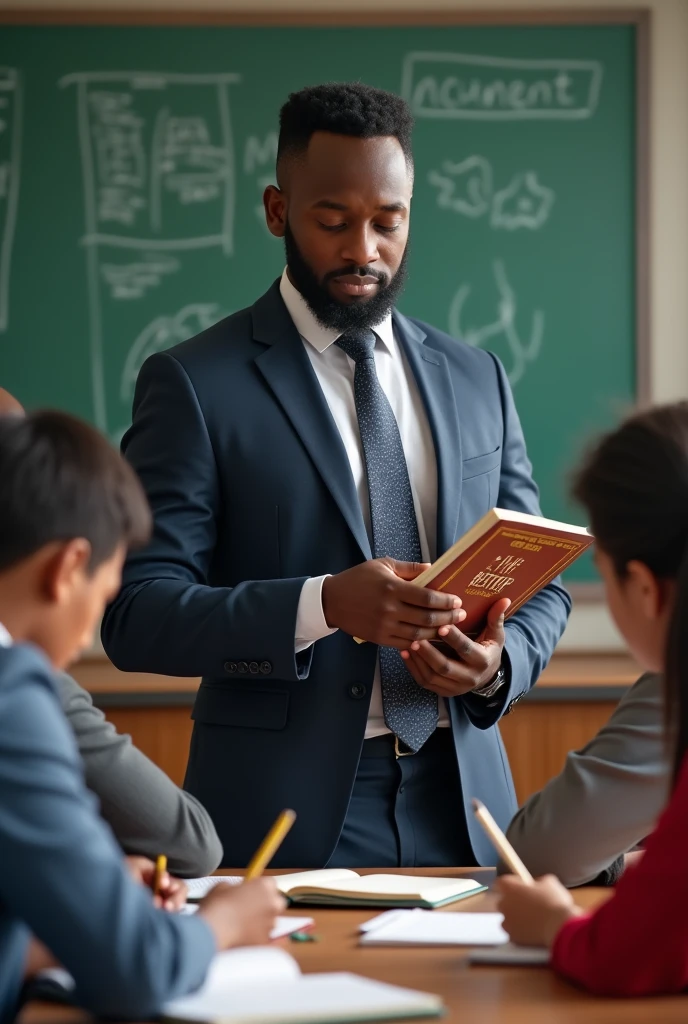 A young African teacher in a suit checks his students&#39; notebooks in class with a book in his hand on which is written THE BETTER