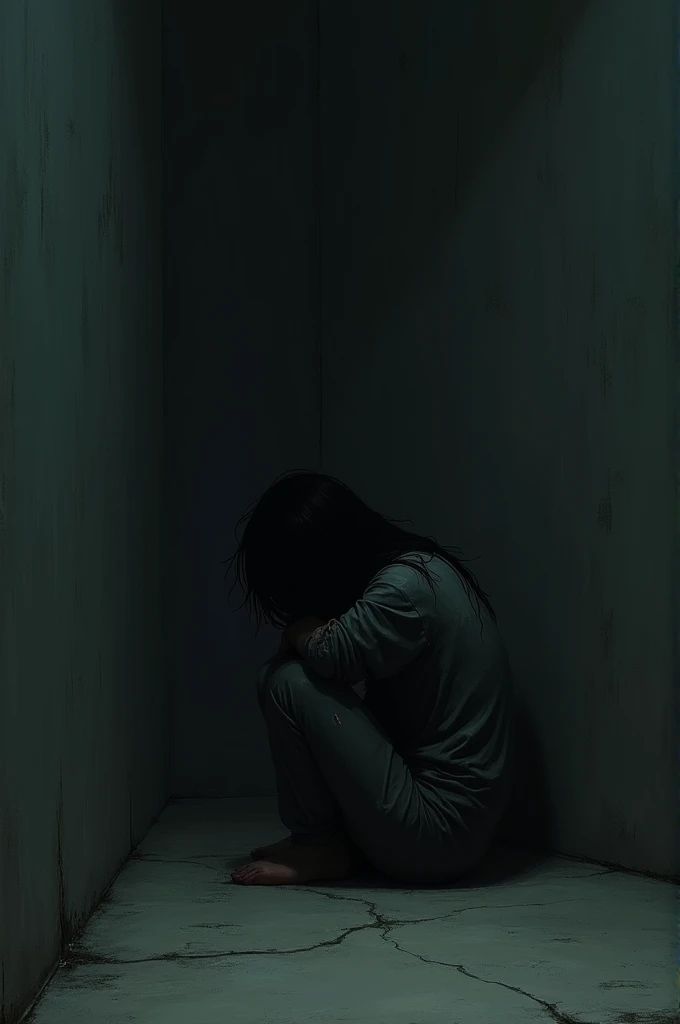 Draw me a picture of a person sitting in the corner, sad and in a dark place