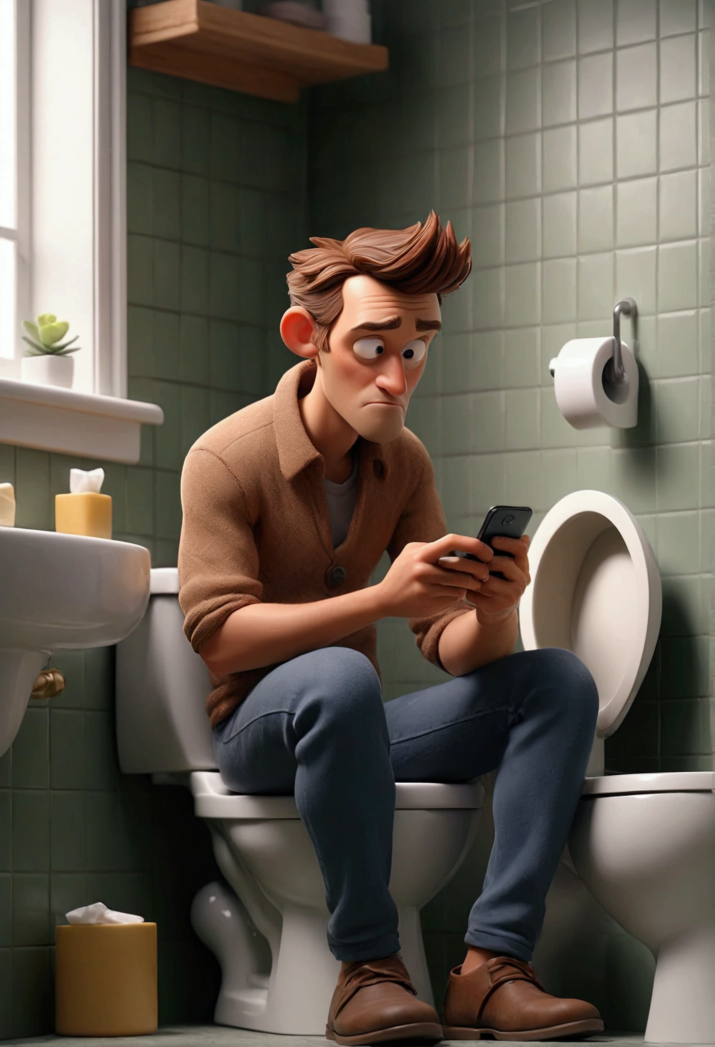 "A casually dressed man, sitting on a toilet in a simple bathroom, using a cell phone. The environment is typical of a bathroom, with tiles on the walls and a roll of toilet paper next to it. The man seems focused on the cell phone screen, demonstrating that you are absorbed in some digital activity."