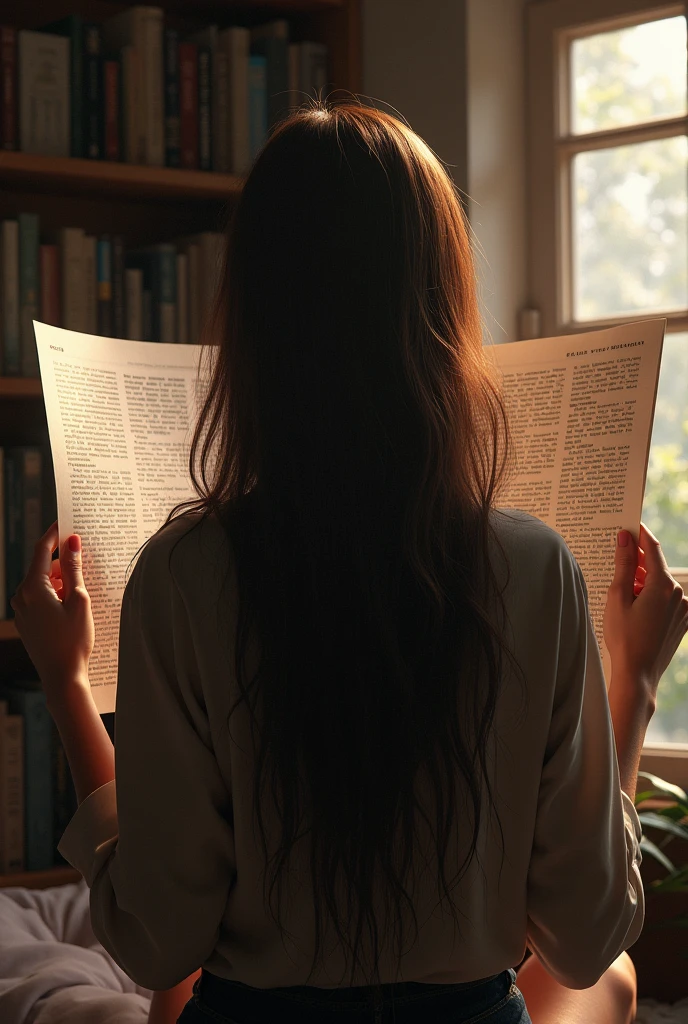 Woman from behind reading a paper

