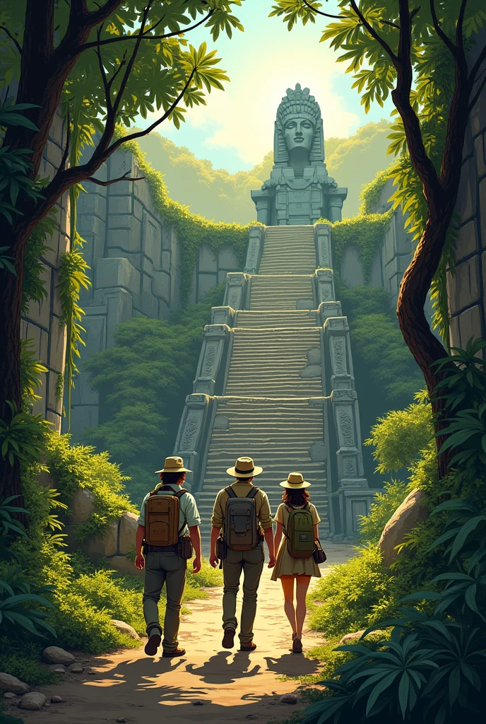 Create an image of a lost city in a jungle with three archaeologists and in the lost city there is a statue on some stairs, that the image does not look VERY real create it as a drawing