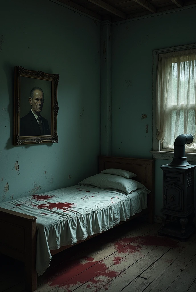 Empty horror room with a bed with blood on the sheets, a picture hanging on the wall of a gentleman and an unlit wood stove