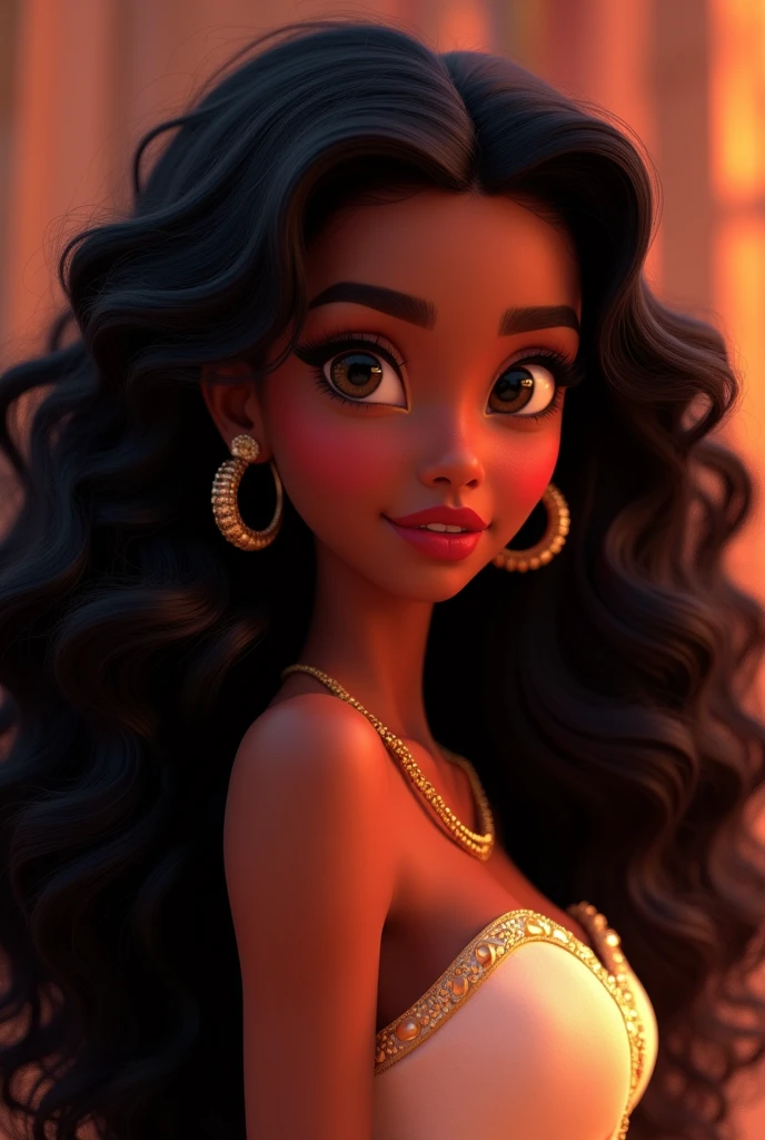 Stunning Princess Jasmine, black female, long curly hair, photo in 8k, Pixar style image, Excellent quality.