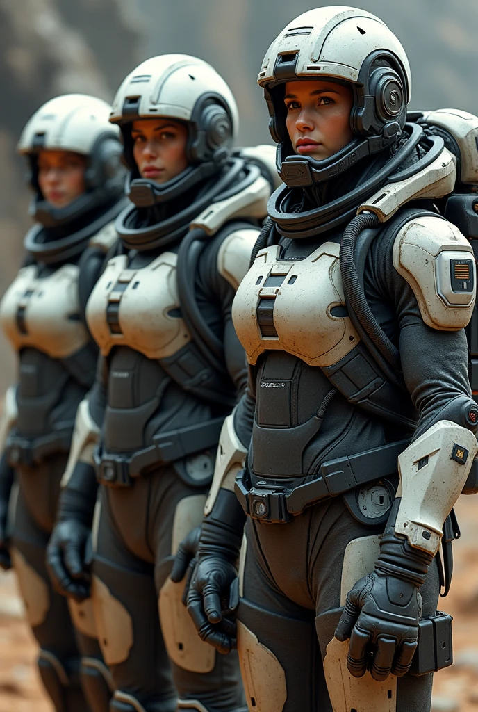 Make an image with 2 male and 2 female miners. There must be two men and two women.. They should have their personal protective equipment and a futuristic type of armor..