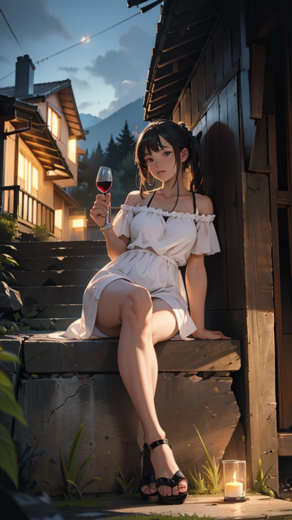 A young woman is sitting outside an old house on the mountain, she is wearing a short dress, her hips are big, there is a fire burning, there are bottles of wine, it is night.