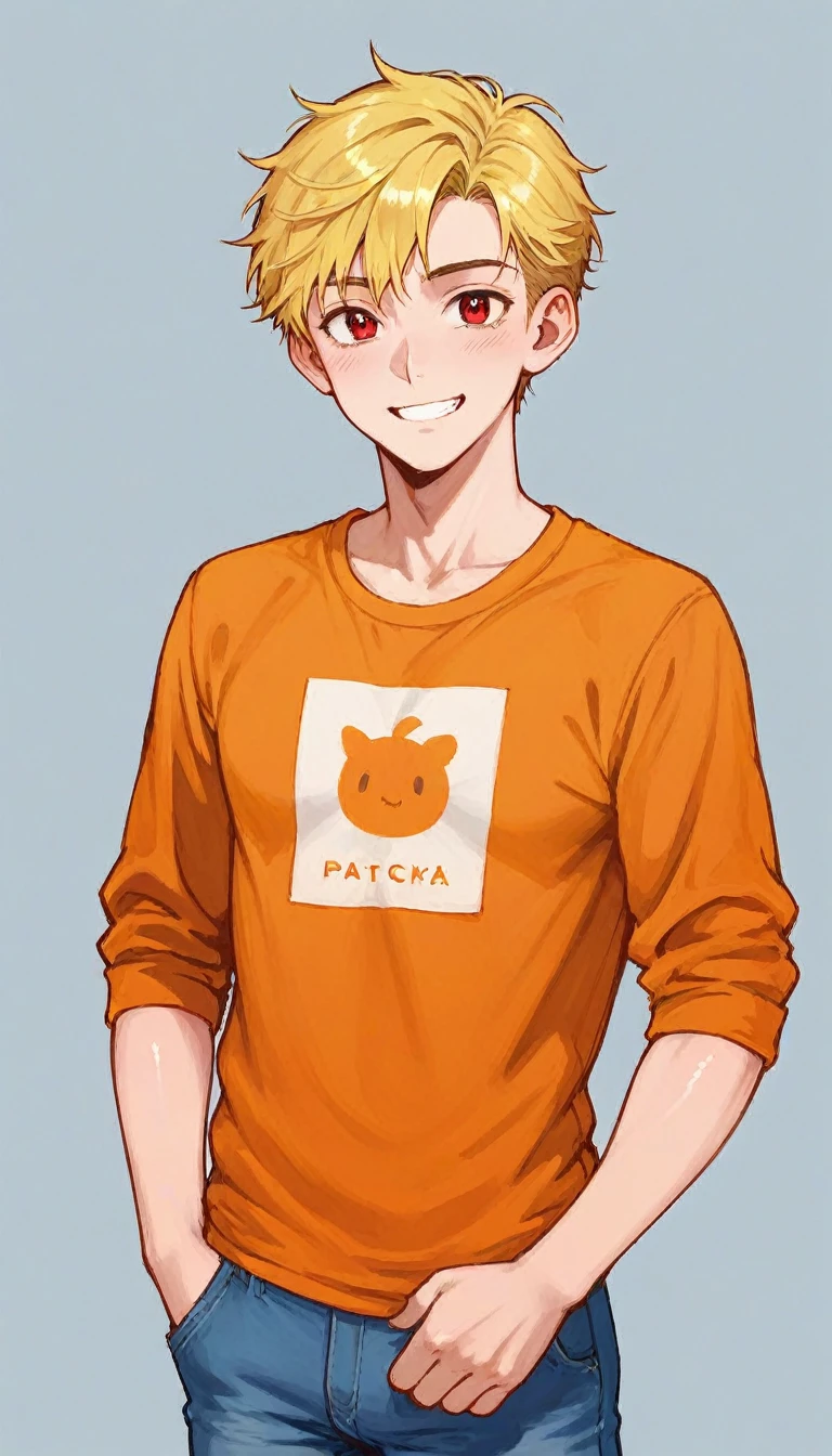 1boy, solo, yellow hair, orange shirt, blue jeans, red eyes, long raglan slevees, coloring, high quality, HDR, UHD, frekles, simple backgrownd, looking at viewers, standing, smiling, 8k, 16, 32k, shiny skin,