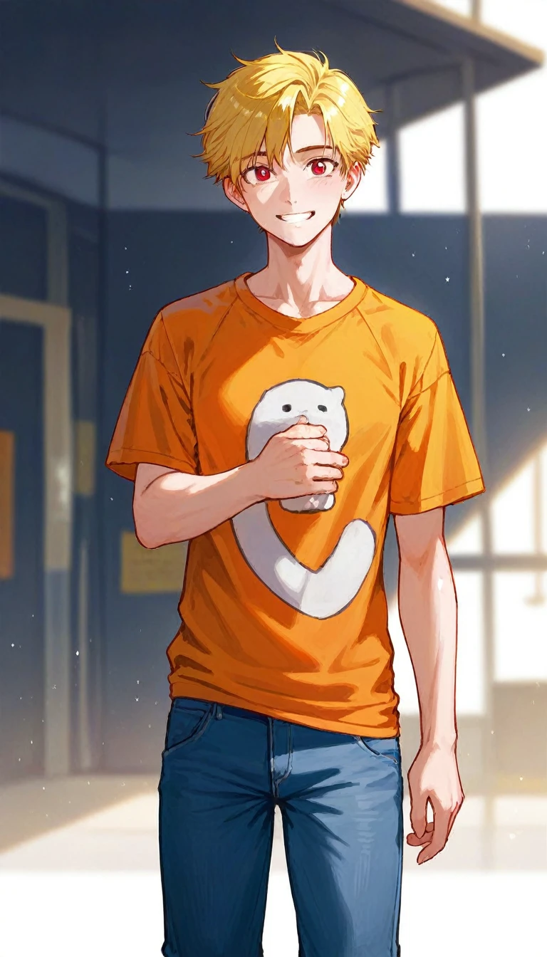 1boy, solo, yellow hair, orange shirt, blue jeans, red eyes, long raglan slevees, coloring, high quality, HDR, UHD, frekles, simple backgrownd, looking at viewers, standing, smiling, 8k, 16, 32k, shiny skin, 