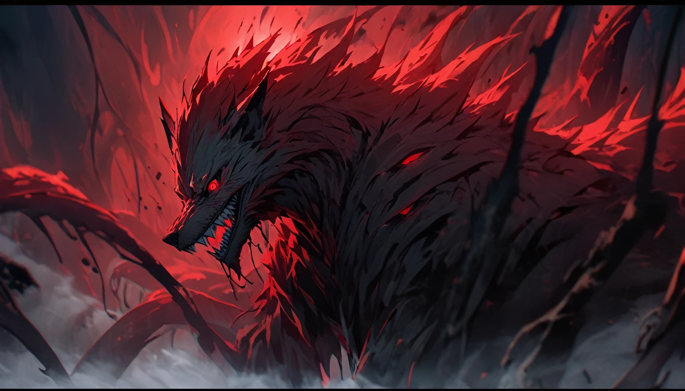 (best quality, 4K, high resolution, masterpart: 1.2), ultra detail,grotrsco wolf covered in red eyes. medium: oil painting, horror, night scene, dark atmosphere, sinister shadows, glaring red eyes, powerful presence, sharp teeth, raw fur, full moonlight, ominous mood, strange silhouette, supernatural presence, dense fog, ancient runes, whispering winds, mysterious atmosphere, untameable nature, sinister energy, suspense, terrible creatures, hint of danger, grotesque transformation, unleashing chaos and power, wickedly beautiful. score_9, score_8_up, score_7_up, source_anime wolf covered in eyes, eyes, red eyes, liquid, ((extra eyes)), dynamic, spooky smile, tentacled hair with red eyes, cel shading, red theme,(no humans),de perfil
