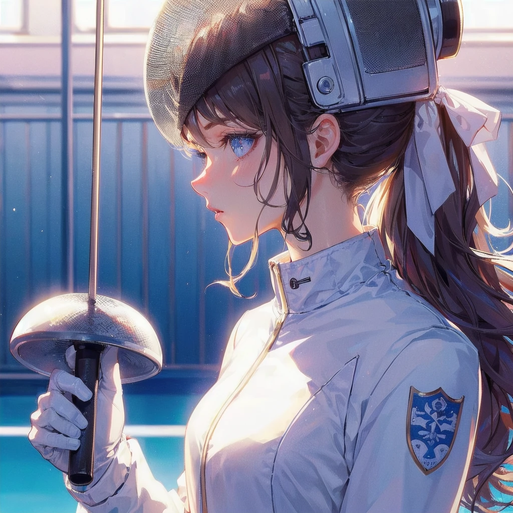 high quality,HD,16k,sharp lines,1 girl,Female fencing athlete ,cute face, medium , nice legs,At the fencing venue,focus girl,detailed beautiful face,detailed clothes,beautiful eyes,cool,dynamic angle