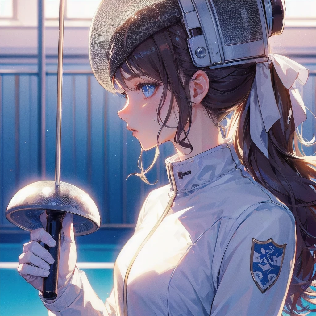 high quality,HD,16k,sharp lines,1 girl,Female fencing athlete ,cute face, medium , nice legs,At the fencing venue,focus girl,detailed beautiful face,detailed clothes,beautiful eyes,cool,dynamic angle