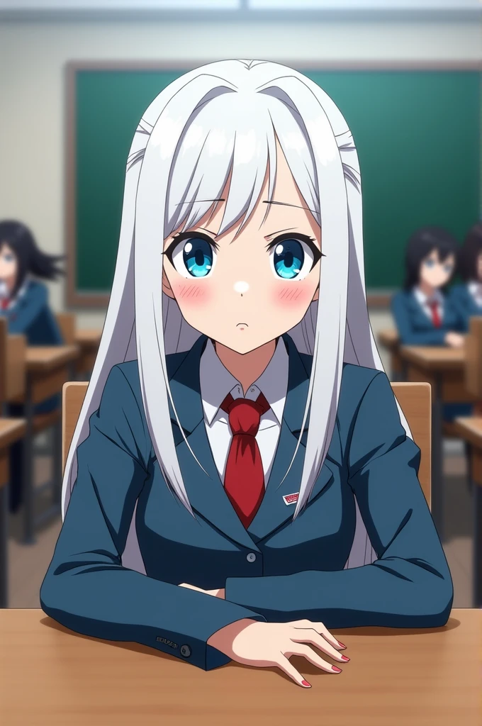 Screenshot of my hero academia.
Girl with white straight hair that reaches her shoulders. Her eyes are fluorescent blue and she has the UA uniform and is sitting at a table with the background of a UA school class with a serious expression..