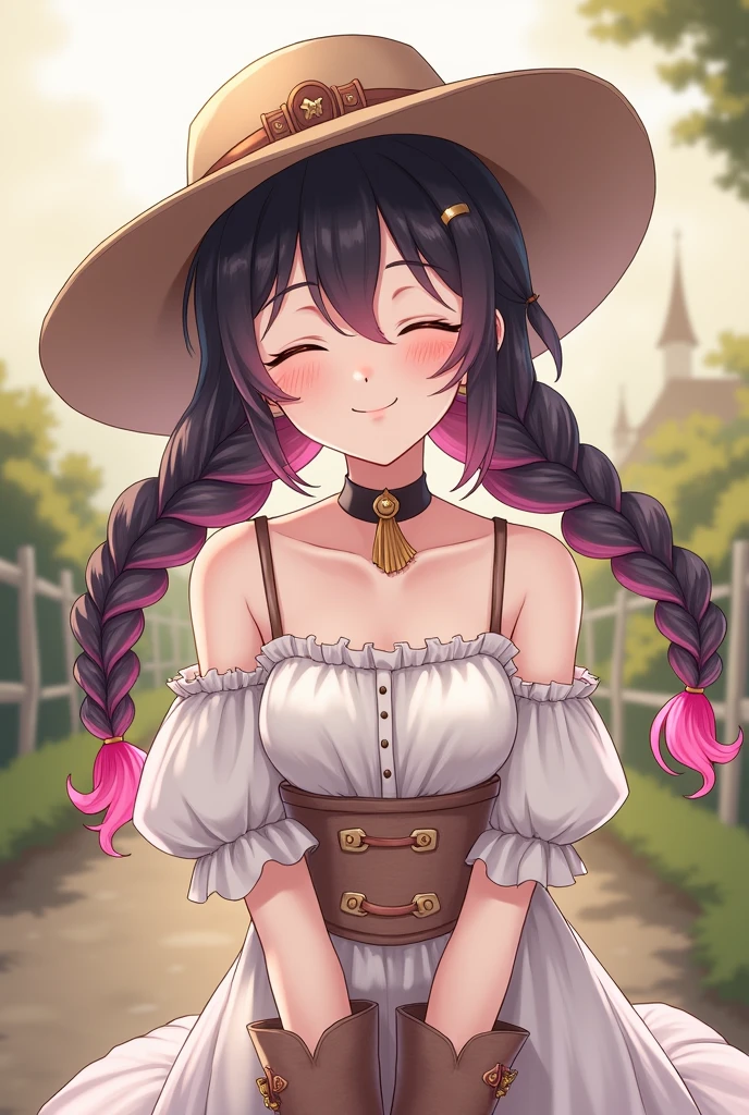 genshin impact game style, good quality, very aesthetic, proportional body, ager, columbina /(:genshin impact:)/, long braided black low pigtails with pink color coming from the nape of the neck to the ends, white dress with spaghetti straps above the knees, country styled brown cowboy boots, country styled brown cowboy hat, pale skin, closed eyes, little smile, very small breasts, blurred background, countryside outfit