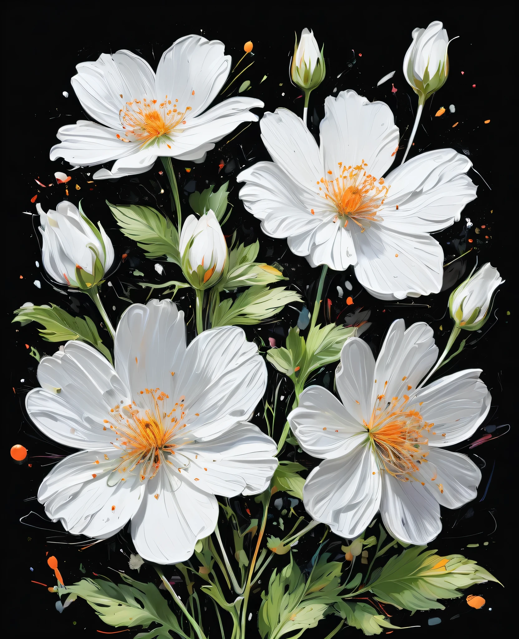 Graffiti, scribble, Comics by Petra Cortright, best quality, masterpiece, white flower artwork, Representative work, official art, Professional, Ultra intricate detailed, 8k, white flowers art, black background