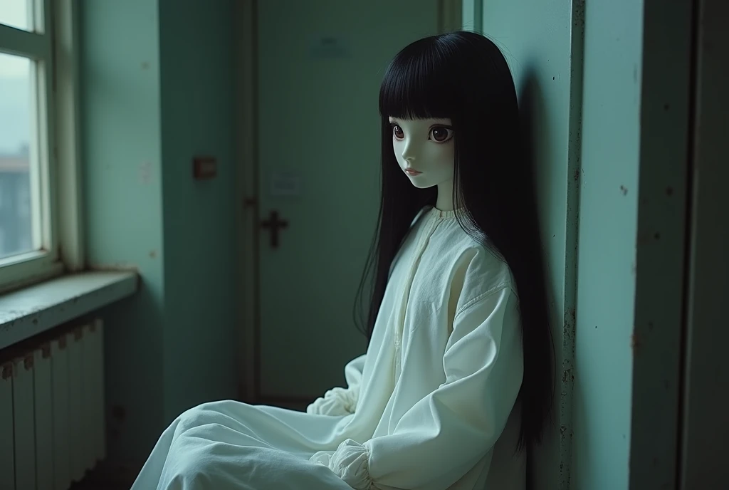 Taking pictures secretly、Hidden camera footage、Super Real、Exquisitely crafted Japanese semi-long black hair(((Stuffed Animal Girl)))、A white surgical gown made of thin, almost transparent material、Dimly lit human taxidermy studio、Abandoned Hospital