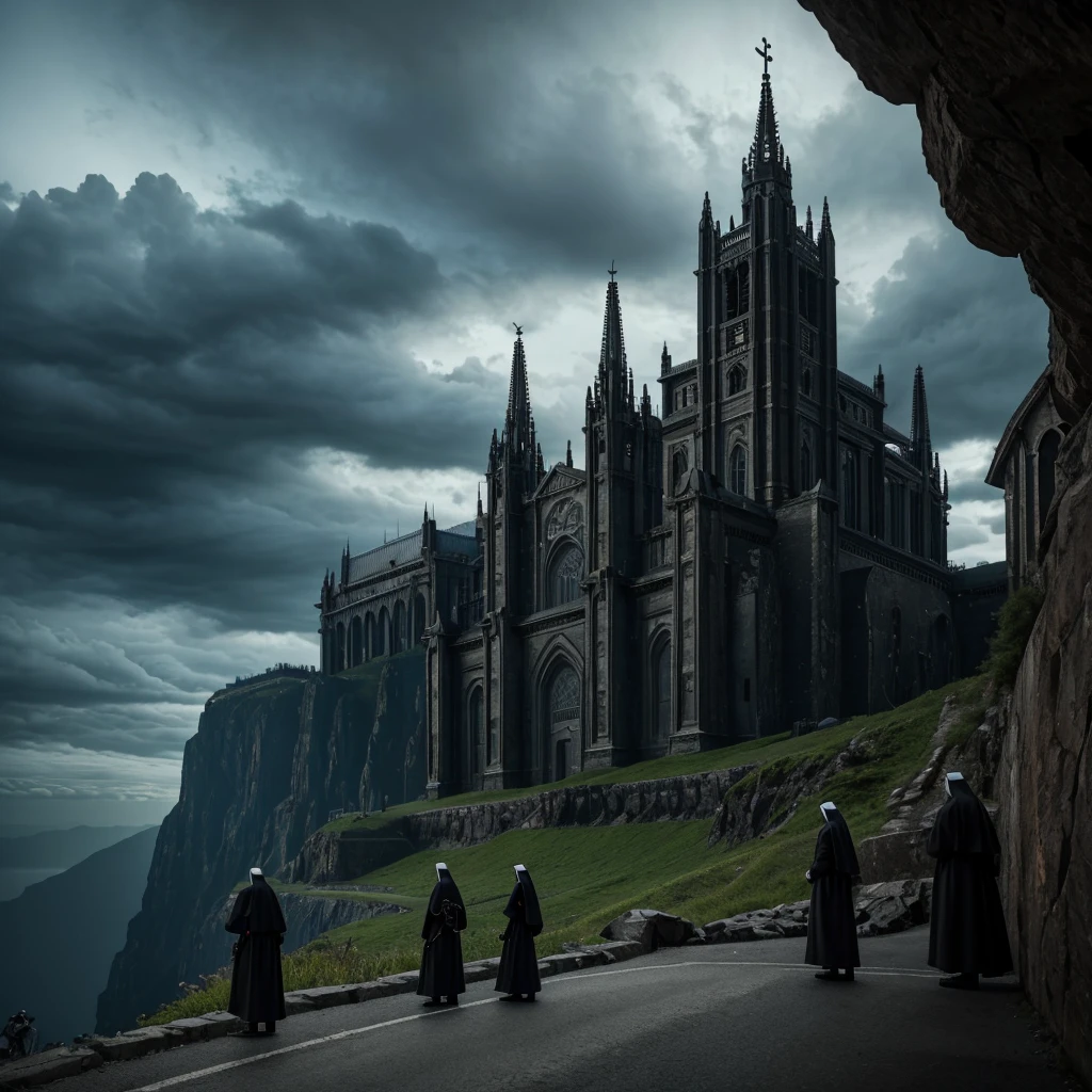 a futuristic cyborg prison on a brier cliff, nuns standing in front of it, catholic artistry, cinematic lighting, highly detailed, photorealistic, 8k, intricate details, dramatic shadows, moody atmosphere, ominous clouds, glowing technology, imposing architecture, religious iconography, soaring spires, buttressed walls